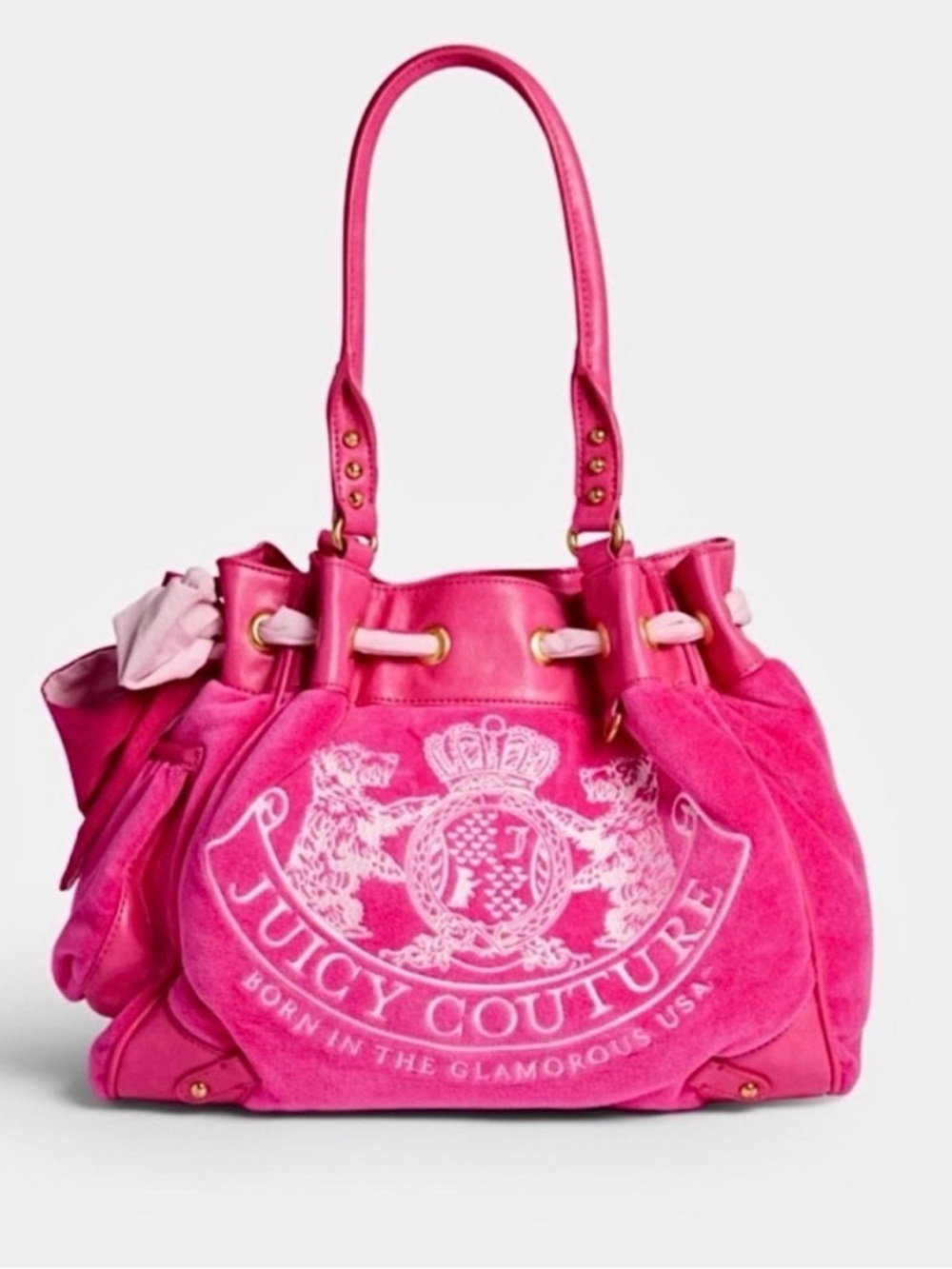 Juicy Couture Hot Pink Velour & Faux Leather Daydreamer Double Handle Tote Bag